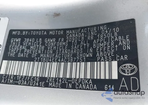 2010 Toyota Corolla Le z USA, uszkodzony, nr VIN 2T1BU4EE4AC387751